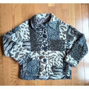 Vintage 90s Animal Print Patchwork Sherpa Button Up Coat Jacket